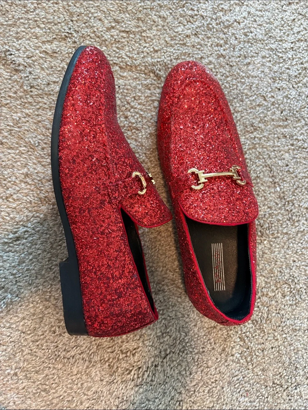 Men's Red Glitter Loafers with Gold Bit Accent